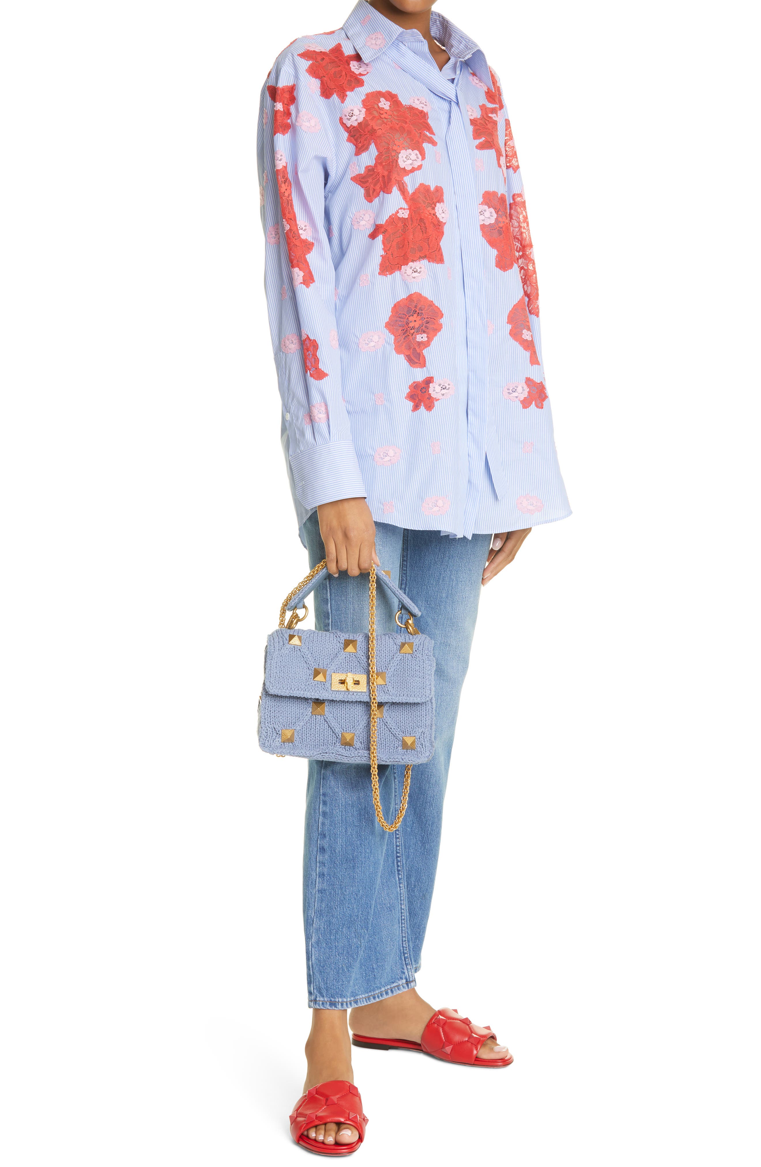 Valentino Garavani Roman Stud Knit Cotton Shoulder Bag, Alternate, color, 