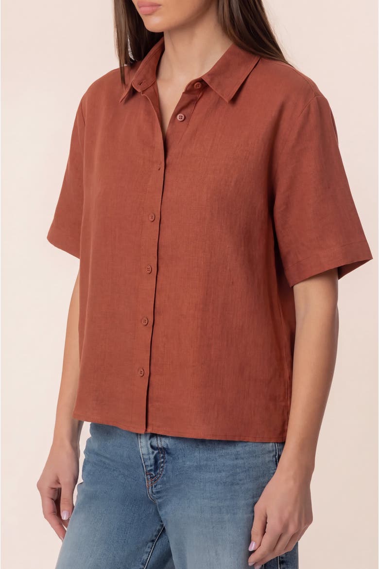 Relaxed Fit Folded Cuff Short Sleeve Linen Blend Shirt, Alternate, color, Chocolate Brown