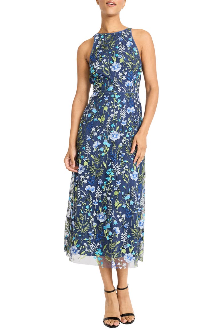Embroidered Floral Halter Neck Dress, Main, color, BLUE/ GREEN