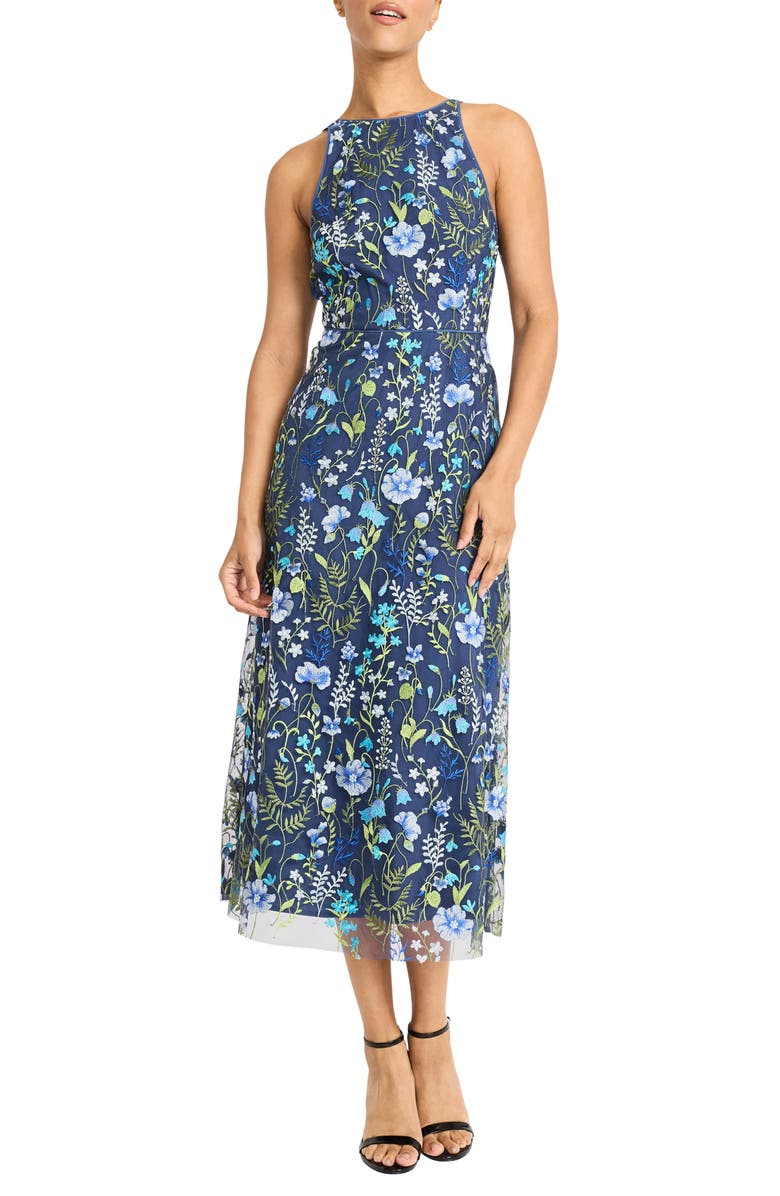 Maggy London Embroidered Floral Halter Neck Dress, Main, color, Blue/ Green