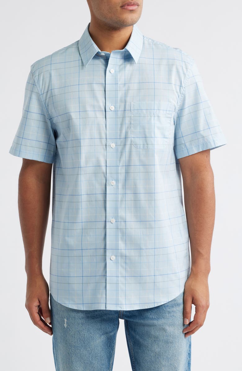 Pendleton Academy Check Pima Cotton Short Sleeve Button-Up Shirt, Main, color, Blue Check