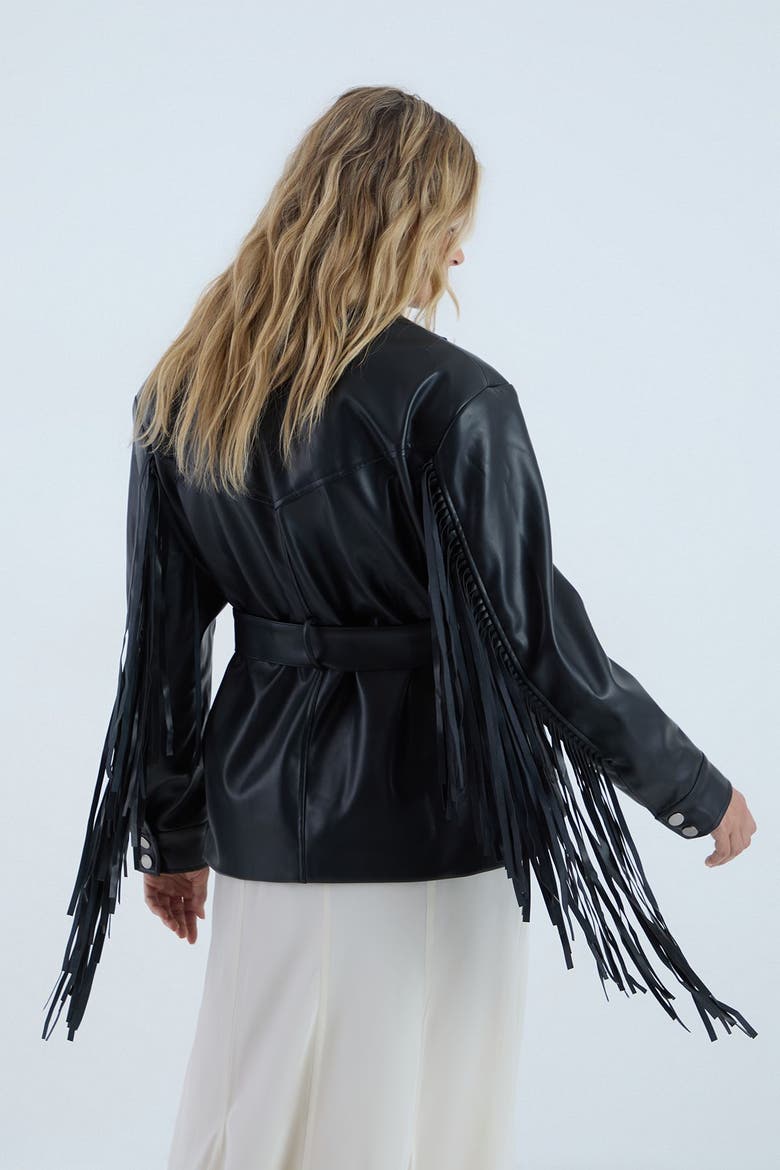 Fringe Faux Leather Belted Jacket, Alternate, color, Black