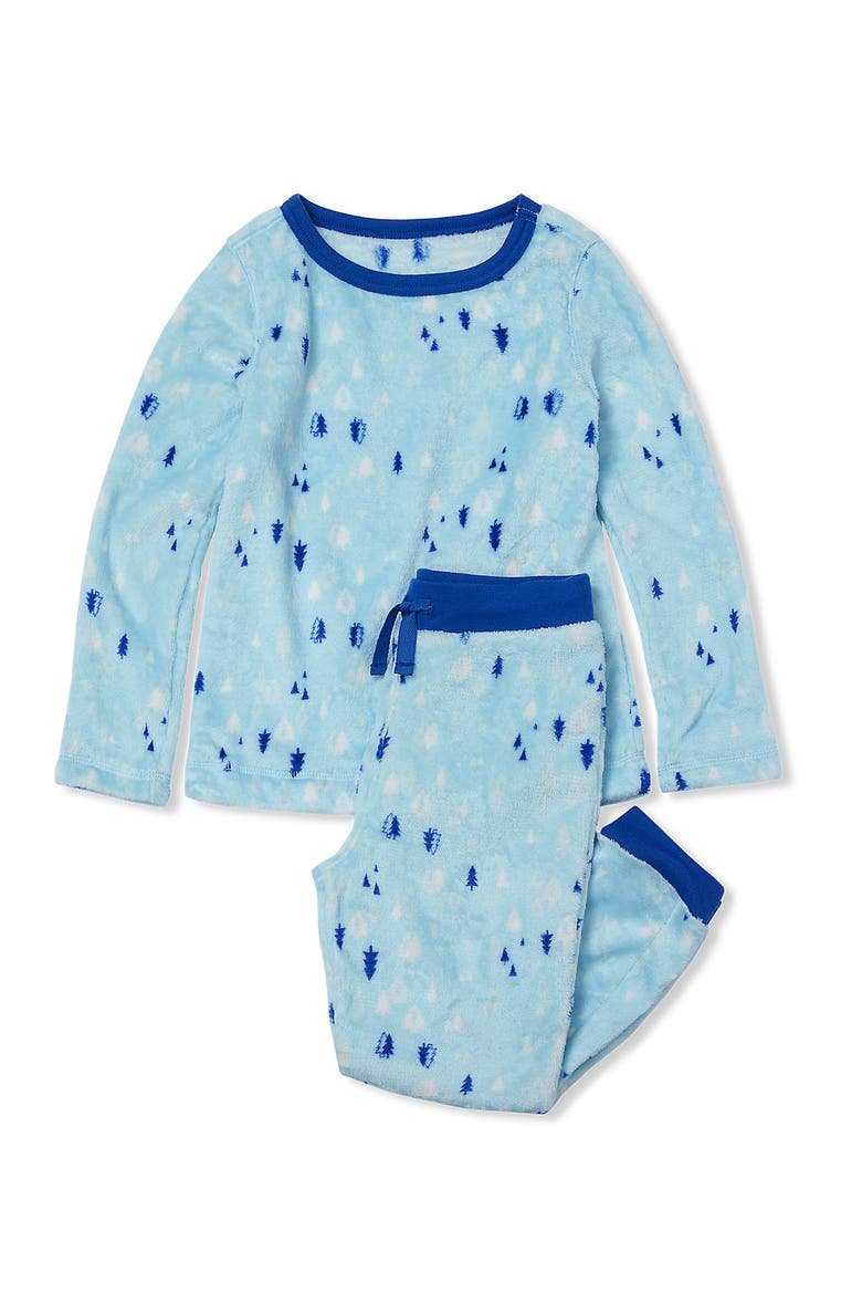 Kids Long Sleeve Plush Fleece Pajama Set, Alternate, color, Blue Pine Trees