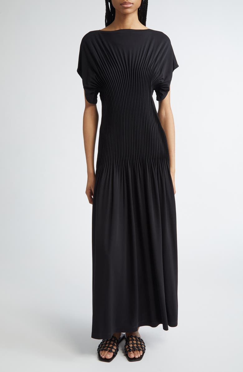 TOTEME Knife Pleated Cap Sleeve Jersey Maxi Dress, Main, color, Black