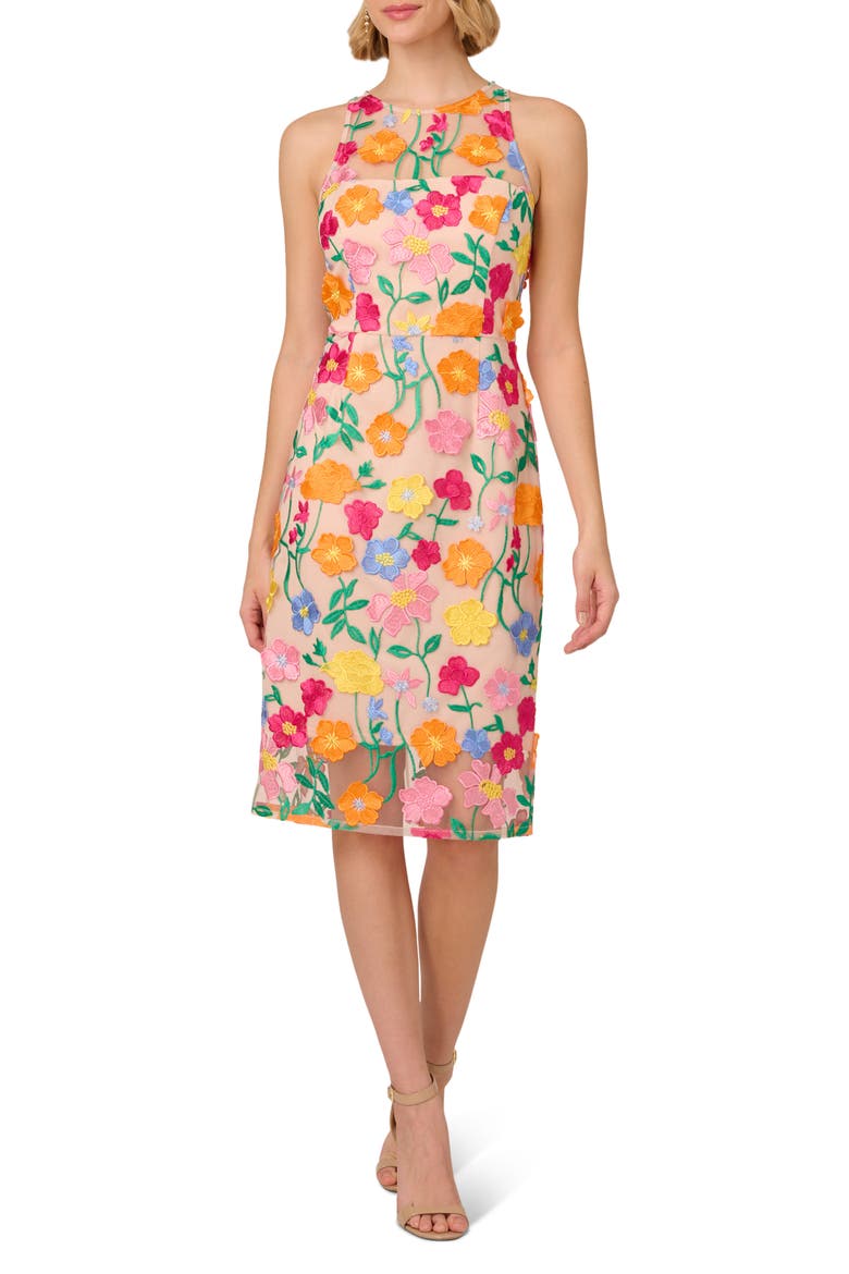 Floral Embroidered A-Line Midi Dress, Main, color, PINK/ YELLOW MULTI