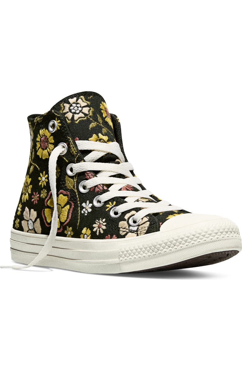 Converse Gender Inclusive Chuck Taylor All Star Floral Embroidered Canvas High Top Sneaker, Main, color, Black/ In The Weeds/ Hay Day