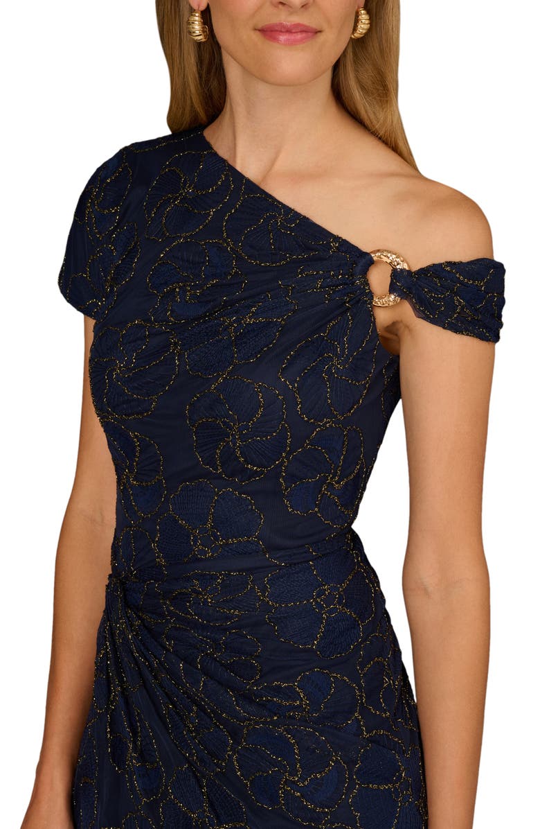 Aidan Mattox Metallic Floral One-Shoulder Gown, Alternate, color, Navy/ Gold