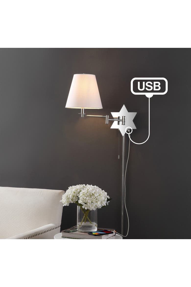 David 1-Light Modern French Country Swing Arm Plug-In or Hardwired Iron LED Star Wall Sconce with Pull-Chain and USB Charging Port, Alternate, color, Chrome/Grey