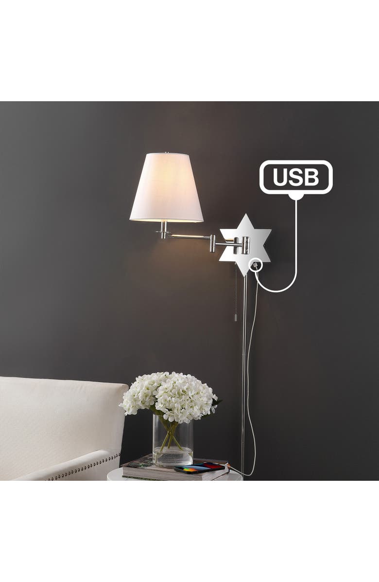 JONATHAN Y David 1-Light Modern French Country Swing Arm Plug-In or Hardwired Iron LED Star Wall Sconce with Pull-Chain and USB Charging Port, Alternate, color, Chrome/Grey