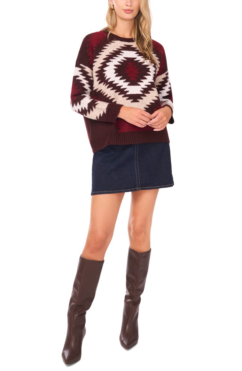 Vince Camuto Geo Pattern Drop Shoulder Sweater, Alternate, color, Port