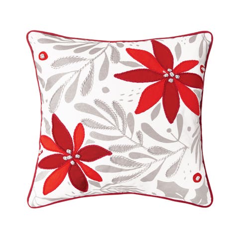 Poinsettia Christmas Printed & Embellished Throw Pillow