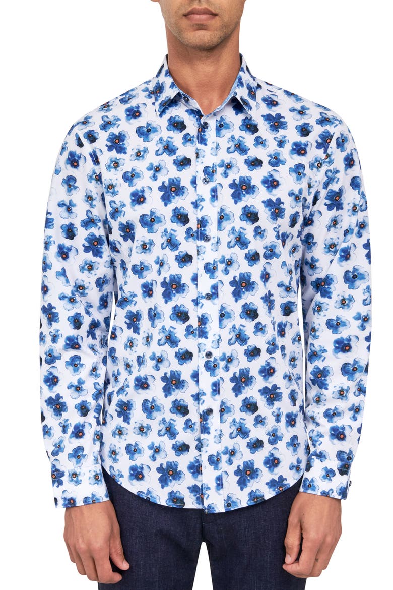 Slim Fit Watercolor Floral 4-Way Stretch Performance Long Sleeve Shirt, Main, color, BLUE