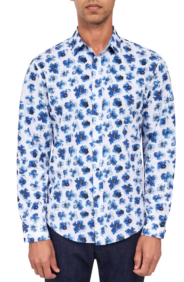 Brooklyn Brigade Slim Fit Watercolor Floral 4-Way Stretch Performance Long Sleeve Shirt, Main, color, Blue