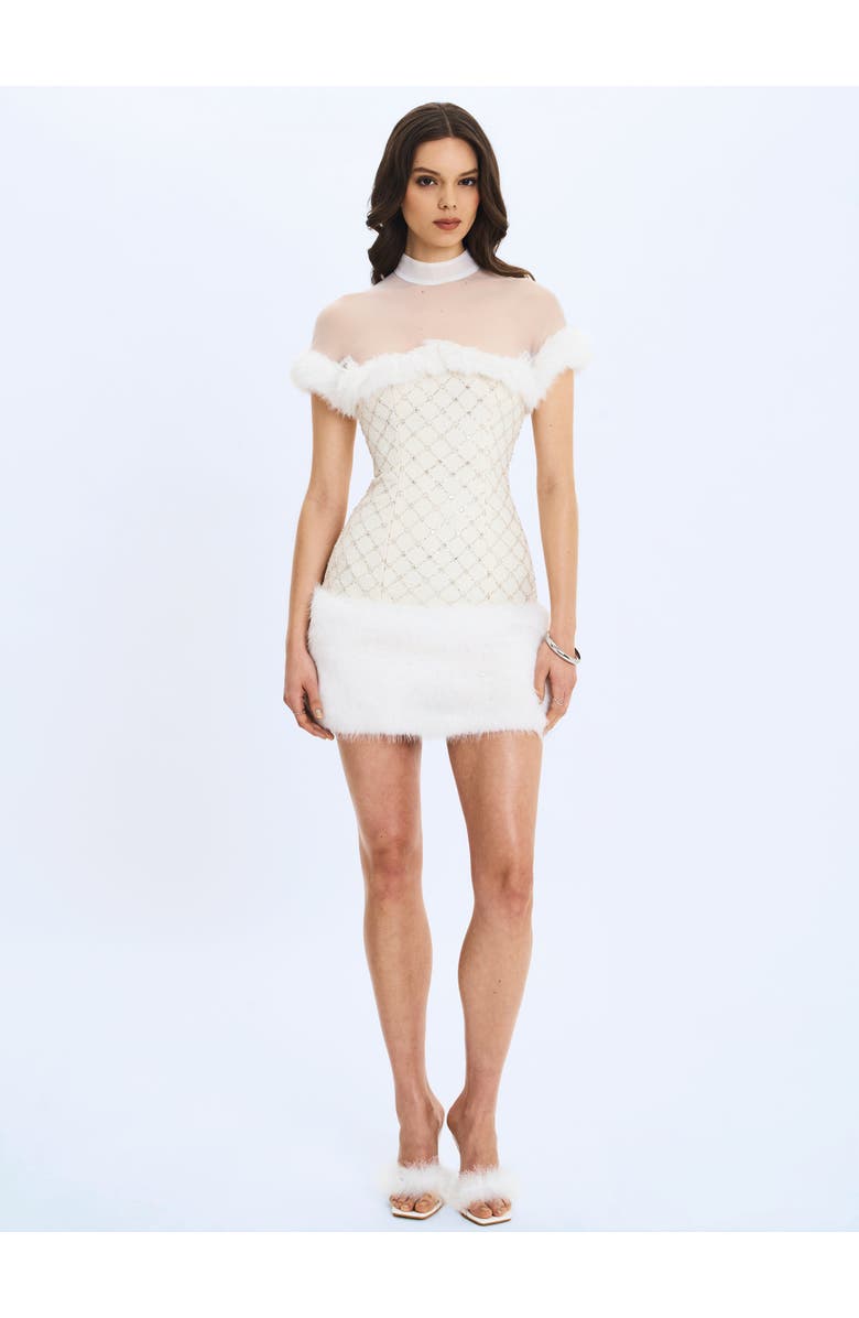Miss Circle Taylor Faux Fur Trimmed Beaded Bouclé Mini Dress, Alternate, color, Ivory White