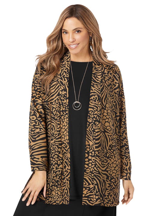 Jessica London Stretch Knit Open Front Knit Topper In Animal Print
