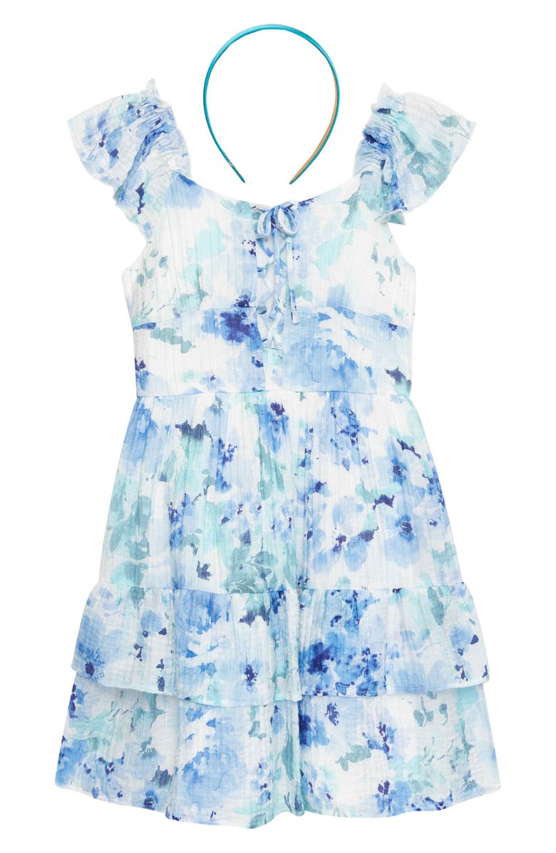 Speechless Kids' Watercolor Print Dress & Headband, Main, color, Ivory/Blue Jm