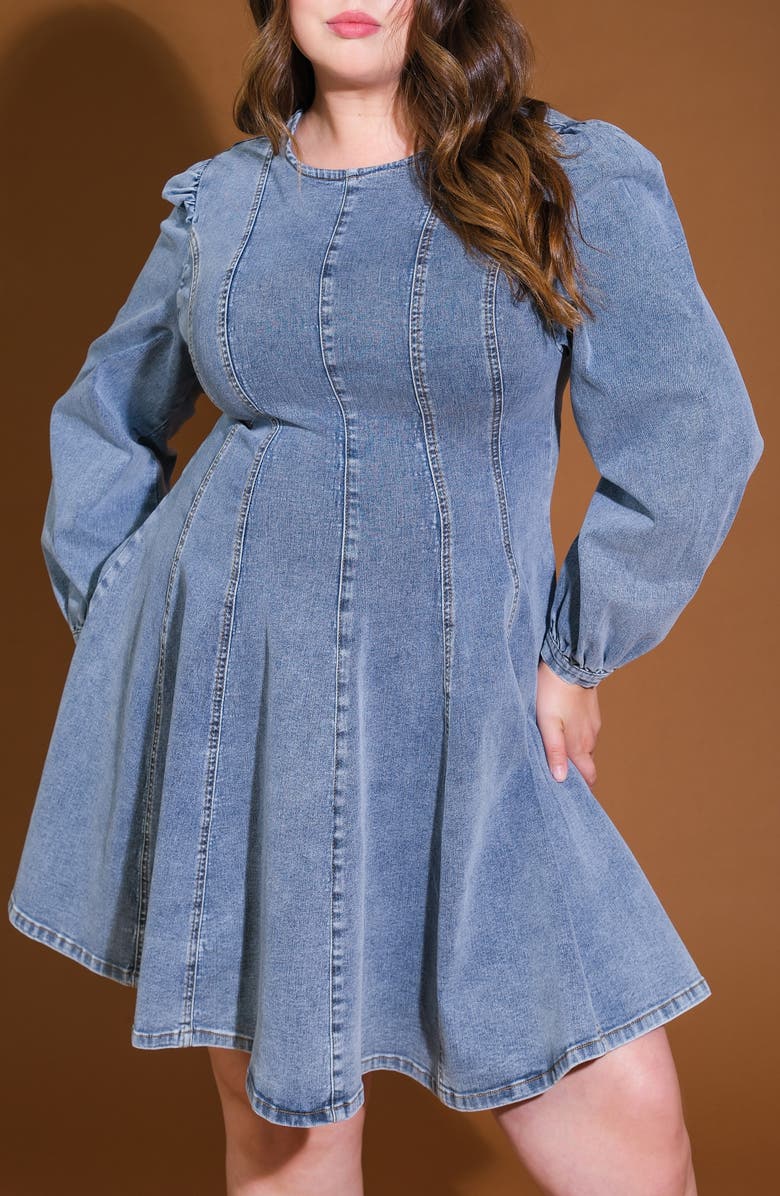 FLYING TOMATO Washed Denim Long Sleeve Minidress, Alternate, color, Blue Acid