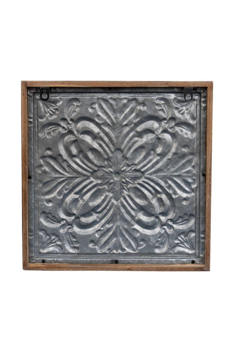 Whitewashed Tin Tile with Wood Frame Wall Decor, Alternate, color, Gray