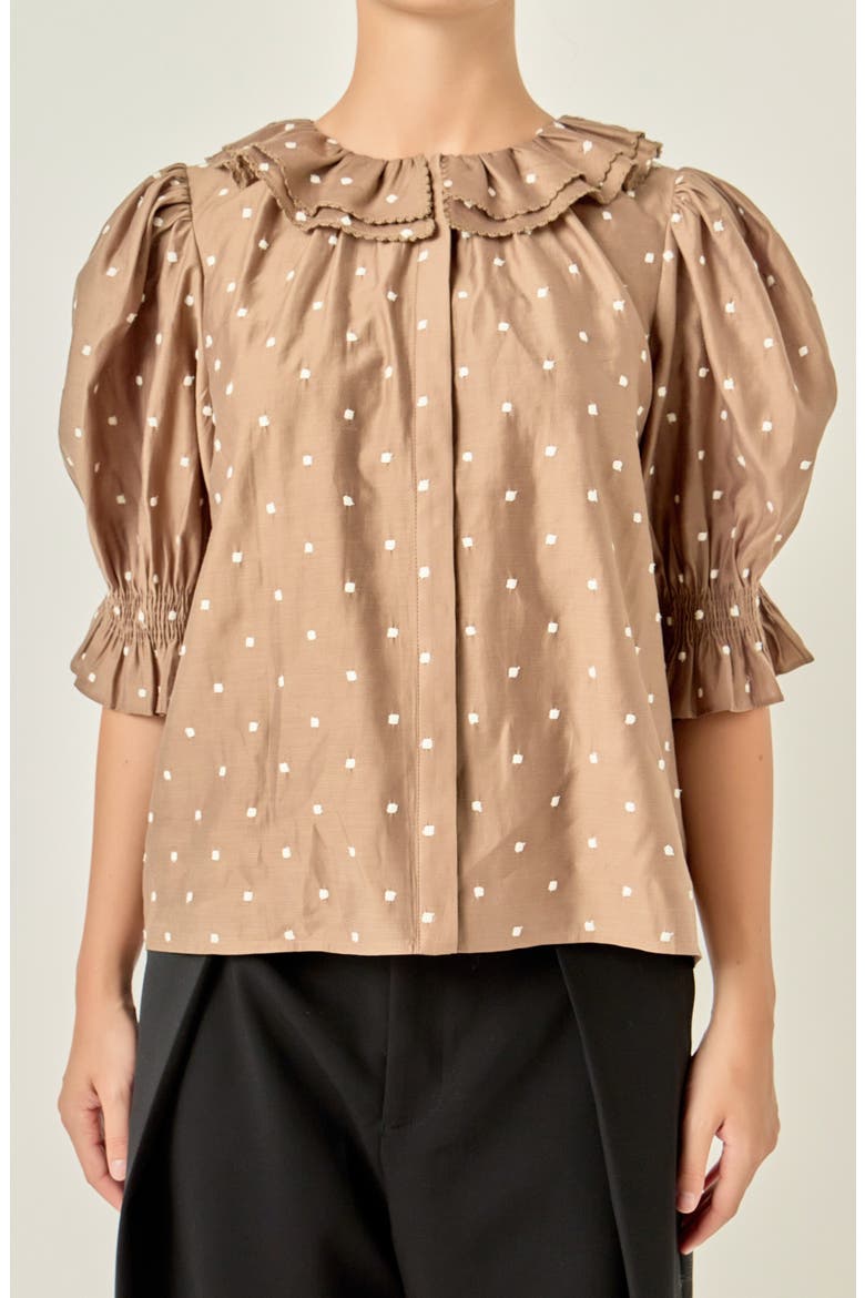 Ruffle Collar Swiss Dot Puff Sleeve Top, Alternate, color, OFF WHITE/ BROWN