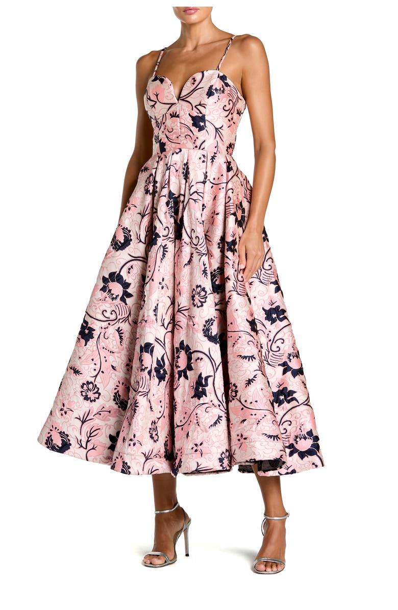 Mac Duggal Floral Brocade Sweetheart Neck A-Line Midi Dress, Main, color, White Multi