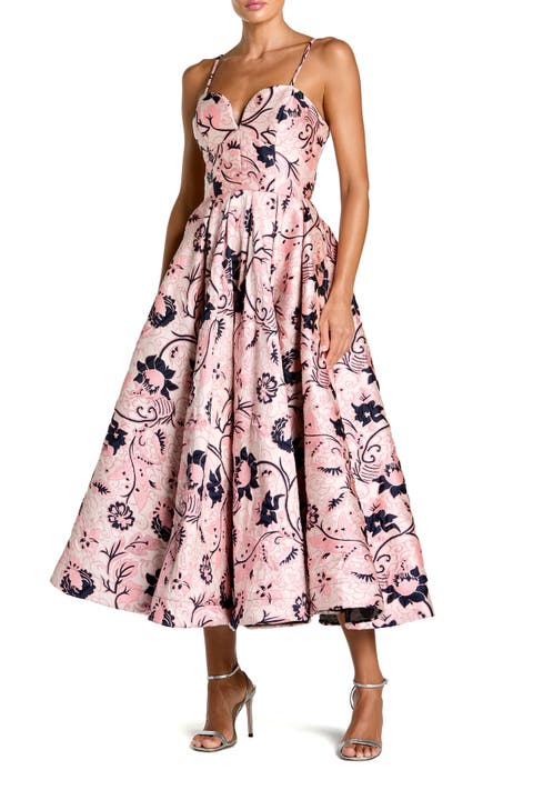 Floral Brocade Sweetheart Neck A-Line Midi Dress
