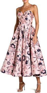 Mac Duggal Floral Brocade Sweetheart Neck A-Line Midi Dress