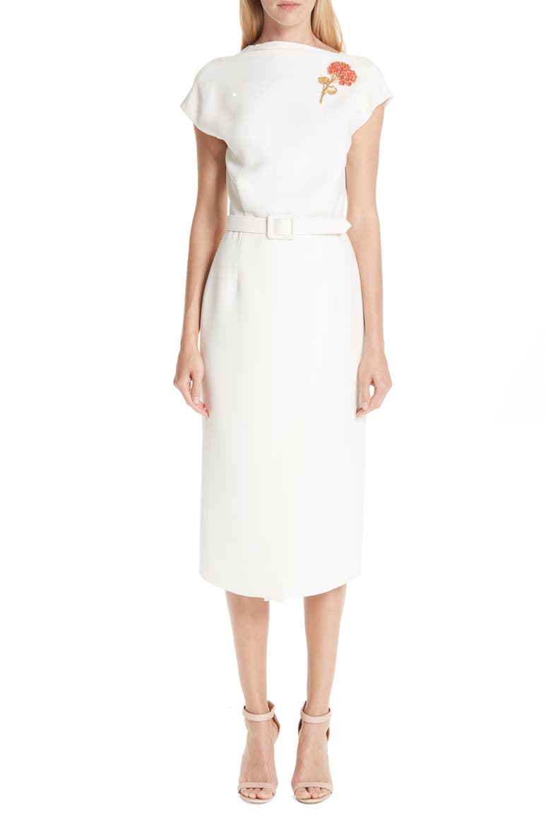 Flower Brooch Belted Wool & Silk Midi Dress, Main, color, IVB-IVORY