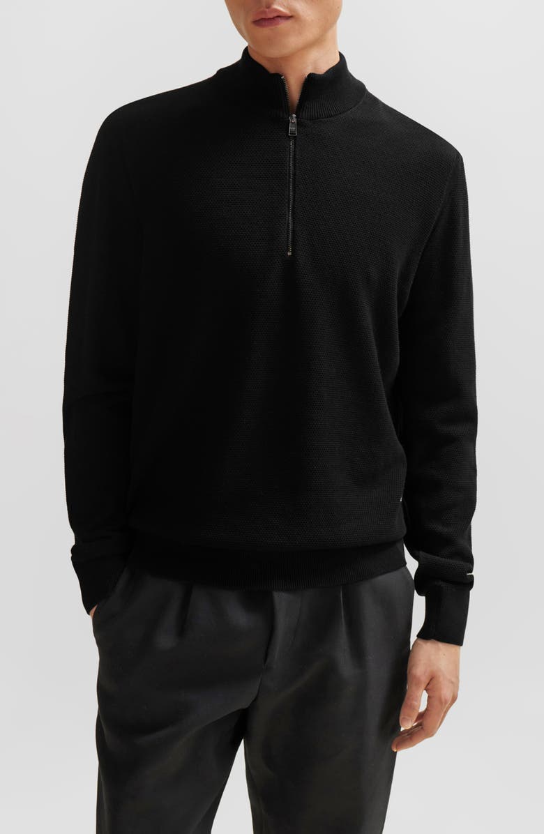 BOSS Ebrando Textured Cotton Half Zip Sweater, Main, color, Black