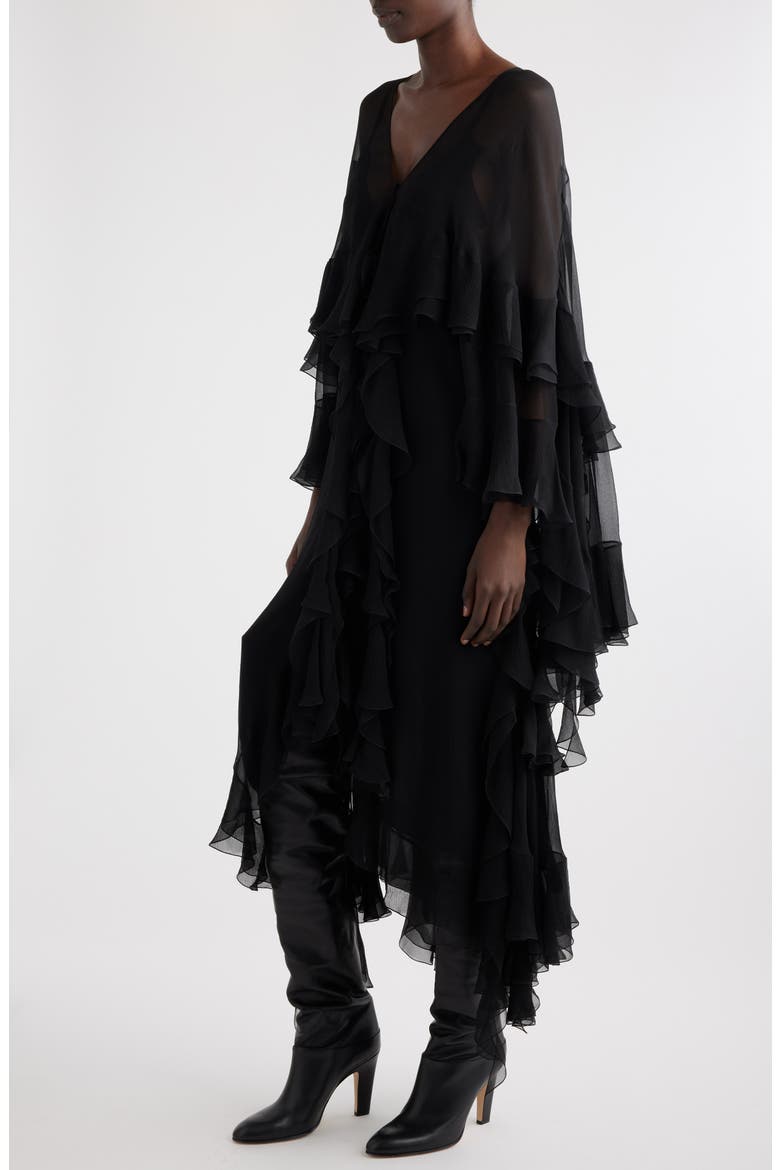 Ruffle Silk Georgette Slipdress, Alternate, color, BLACK