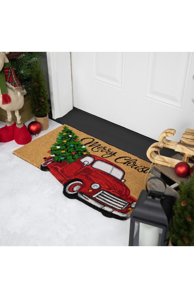 Northlight Red and Green Vintage Truck "Merry Christmas" Outdoor Natural Coir Doormat 18" x 30", Alternate, color, Red