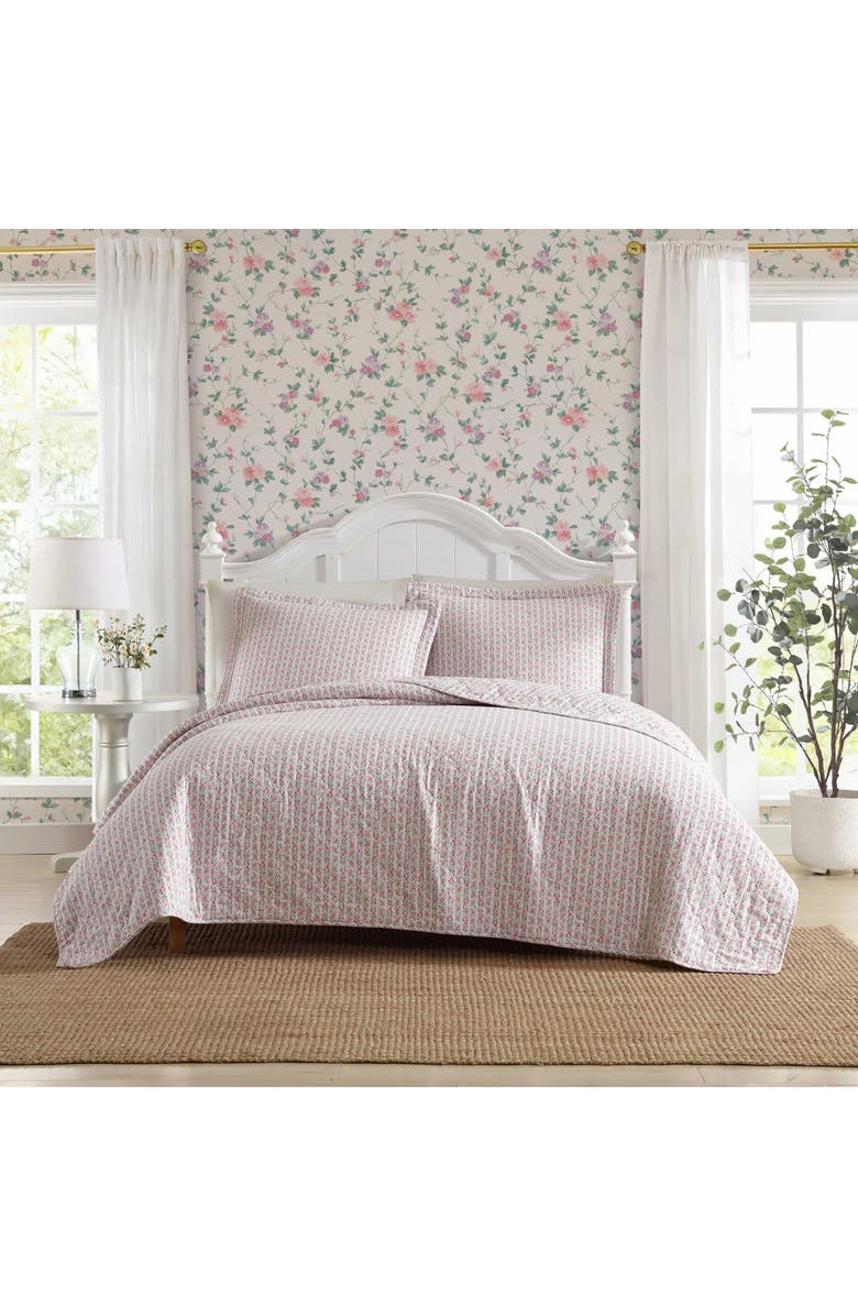 Laura Ashley Marta Floral Stripe 3-Piece King Quilt & Sham Set, Alternate, color, Lt-Pastel Pink
