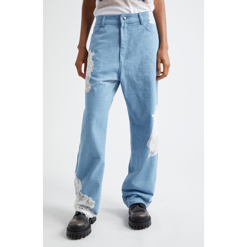 Collina Strada Mikaela Beaded Lace Patched Straight Leg Jeans in White Lace