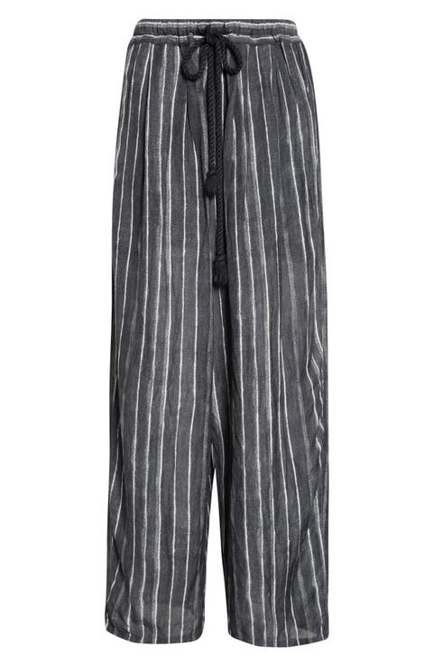Relaxed Pleated Stripe Drawstring Waist Pants