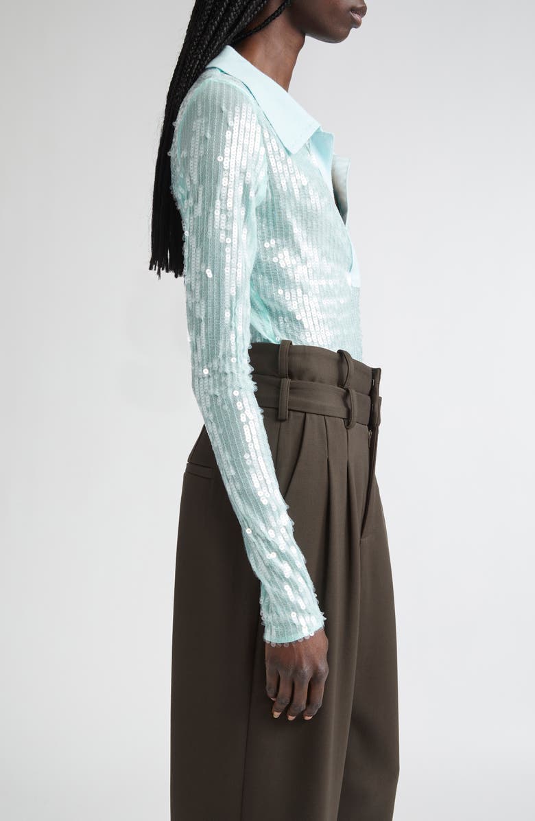 MONSE Sequin Long Sleeve Polo, Alternate, color, Sea Foam