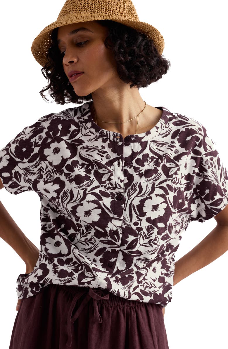 Seasalt Cornwall Tor Grass Floral Organic Cotton Jersey Button-Up Shirt, Alternate, color, Summer Shadows Cacao