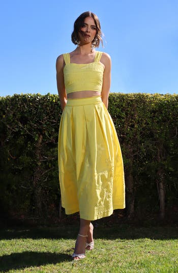 Floral Embroidered Pleated Cotton Midi Skirt