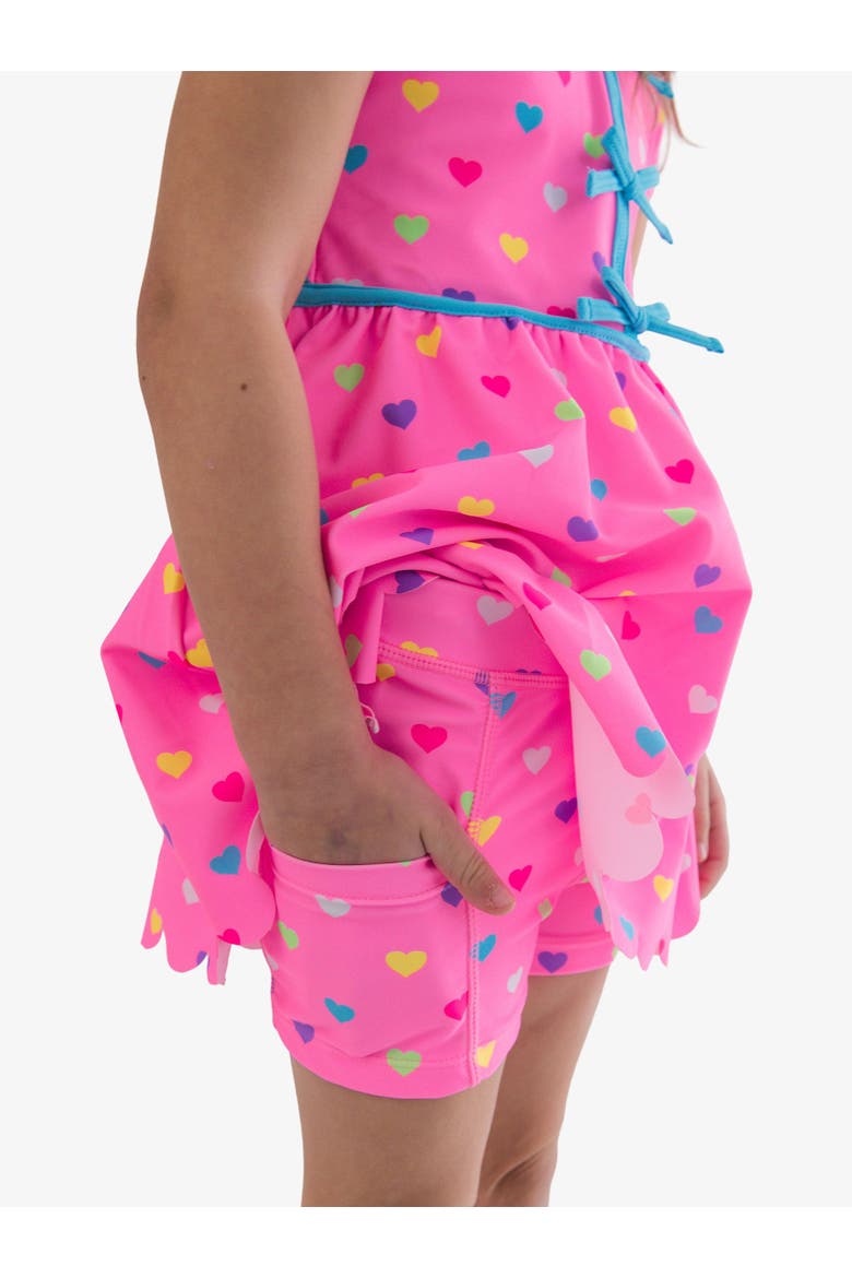 UPF50+ Active Short Sleeve Bow Dress & Bike Short Set, Alternate, color, Neon Pink Colorful Hearts