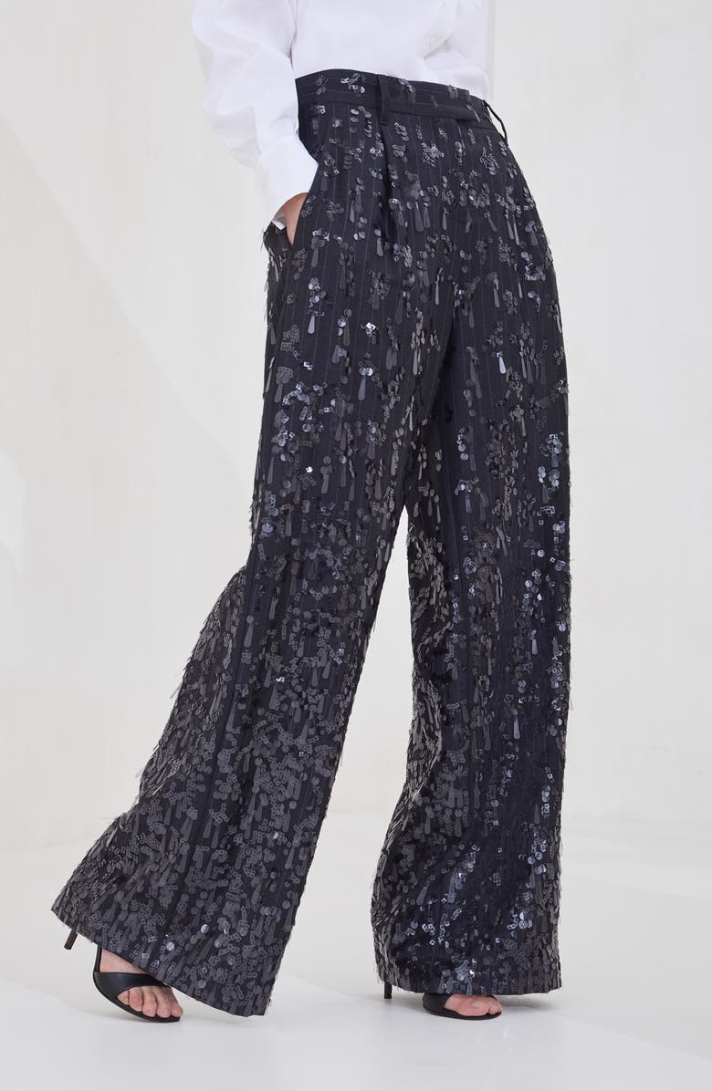 Brunello Cucinelli Loose trousers with swing drops embroidery, Alternate, color, Lignite Grey
