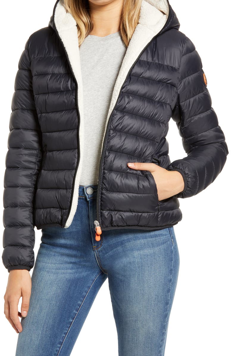 Save The Duck Giga Water Repellent Hooded Puffer Jacket with Faux Shearling Lining, Main, color, 