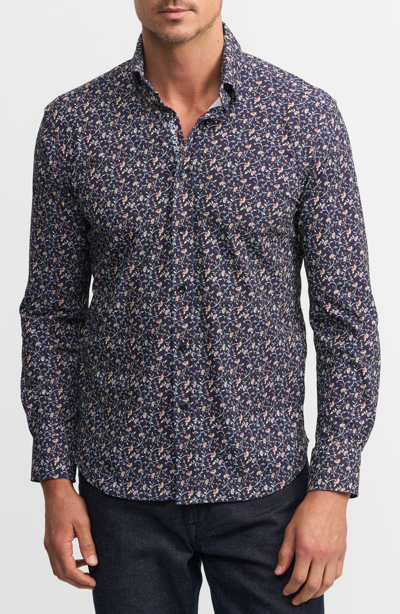 Robert Graham Moreno Trim Fit Floral Knit Button-Up Shirt, Main, color, Navy