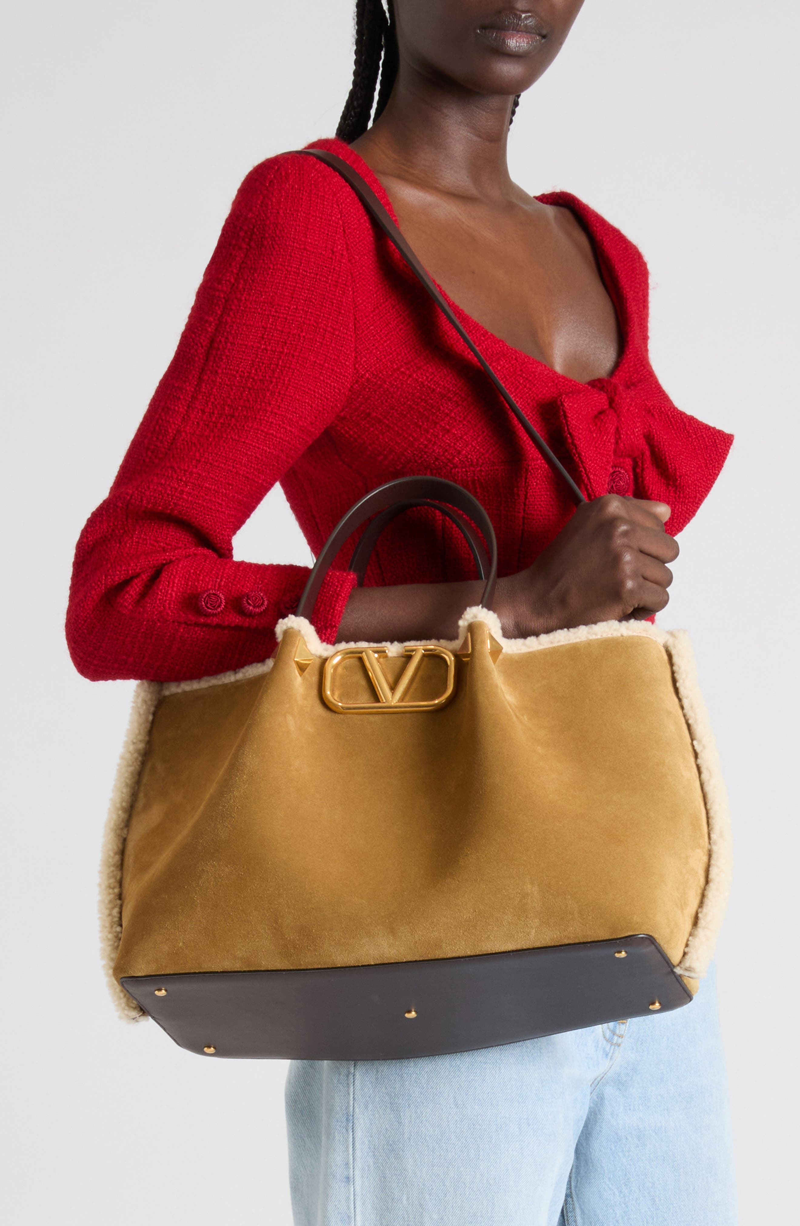 Valentino Garavani Medium VLOGO Genuine Shearling Trim Suede Tote, Alternate, color, Havana Beige/ Burro/ Oak Brown