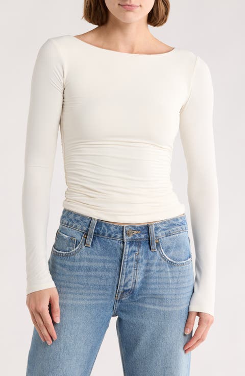 Boat Neck Long Sleeve Ruched Top