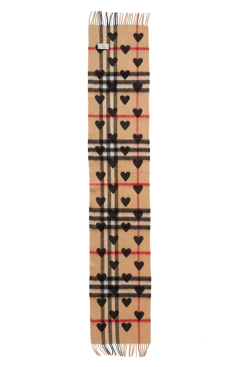 Burberry Heart & Giant Check Fringed Cashmere Scarf, Main, color, 