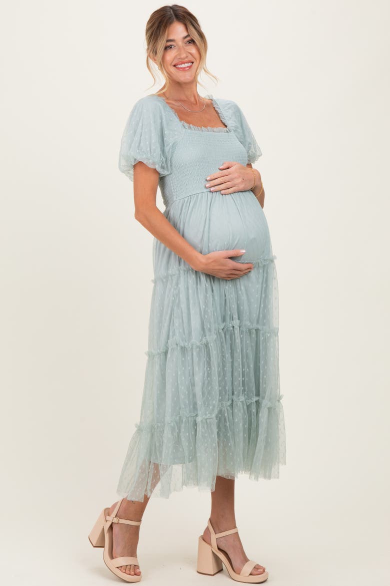 Pink Tulle Tulle Puff Sleeve Smocked Midi Dress, Alternate, color, Light Olive