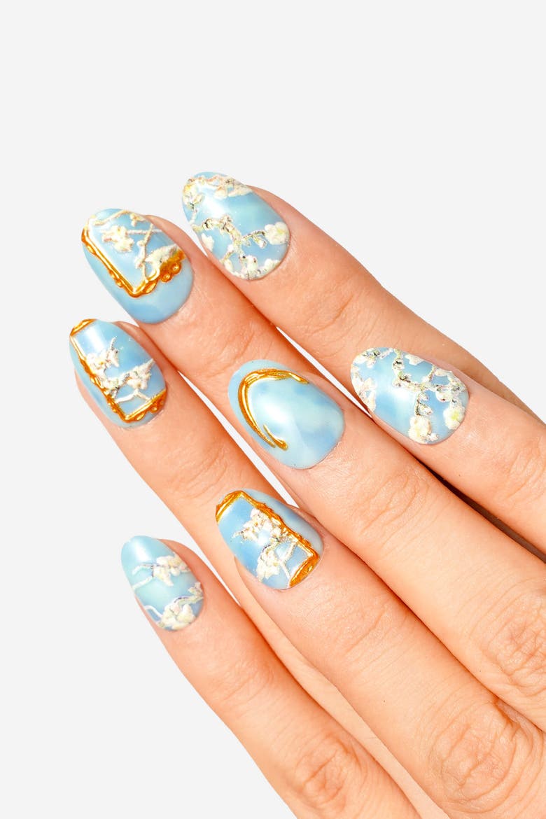 Van Gogh Almond Blossom Short Oval Press On Nails, Alternate, color, Blue