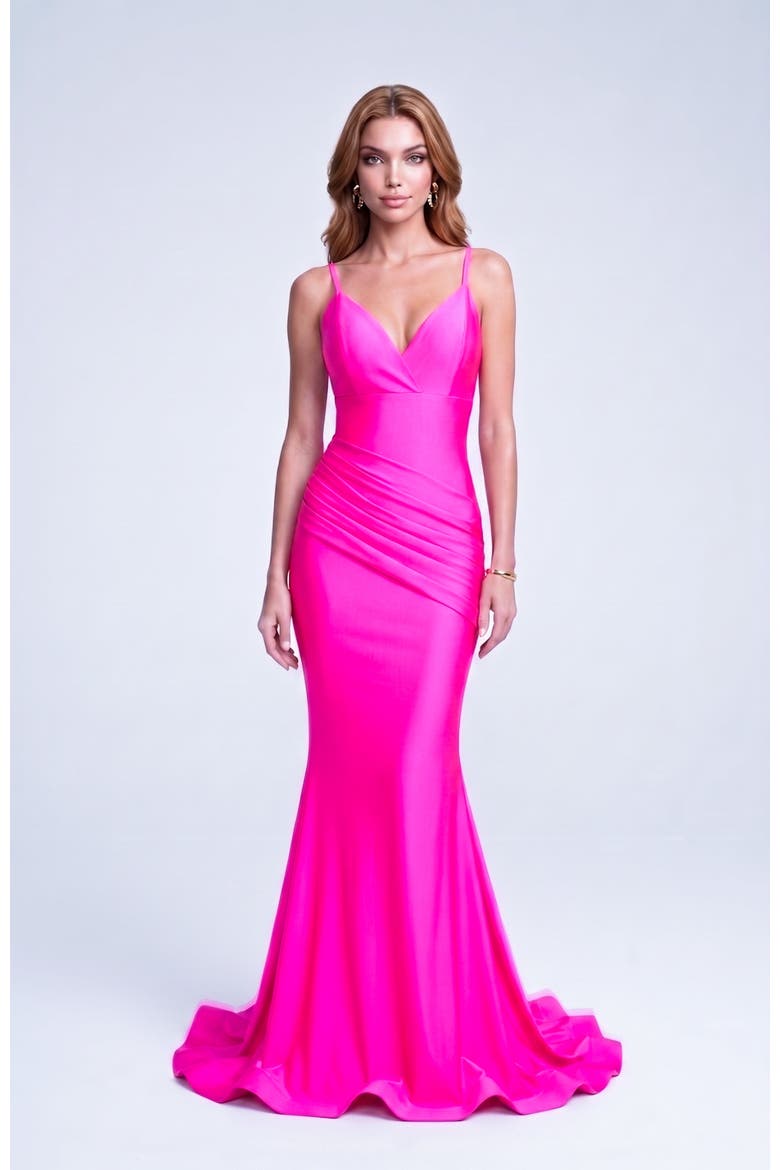 Ruched Plunge Neck Strappy Back Mermaid Evening Gown, Main, color, Neon Pink
