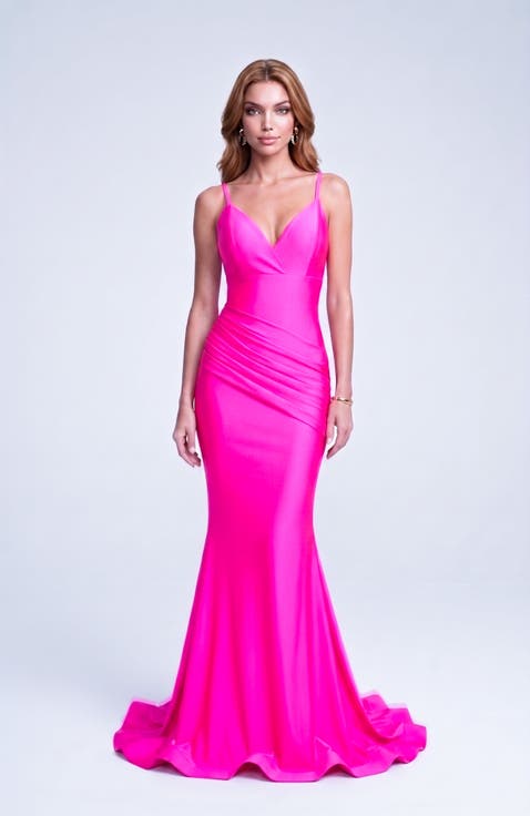 Ruched Plunge Neck Strappy Back Mermaid Evening Gown