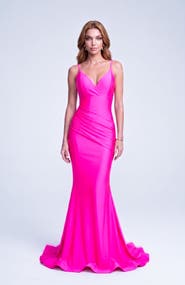 Jessica Angel Ruched Plunge Neck Strappy Back Mermaid Evening Gown