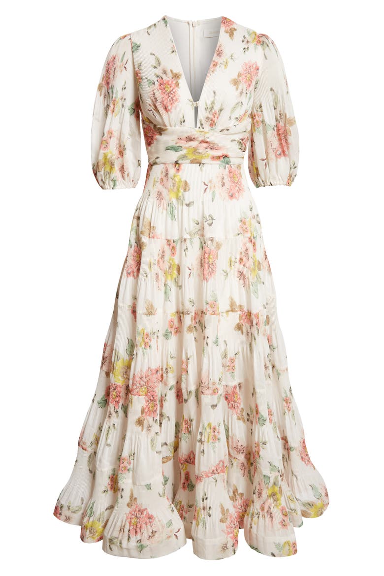 Pleated Tiered Midi Dress, Alternate, color, CORAL FLORAL