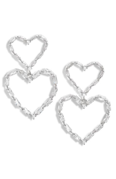 Double Cubic Zirconia Open Heart Drop Earrings